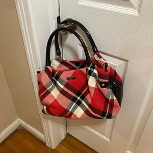 Kate Spade New York Georgetown Plaid Stevie Satchel Purse Handbag Red Wool Blend